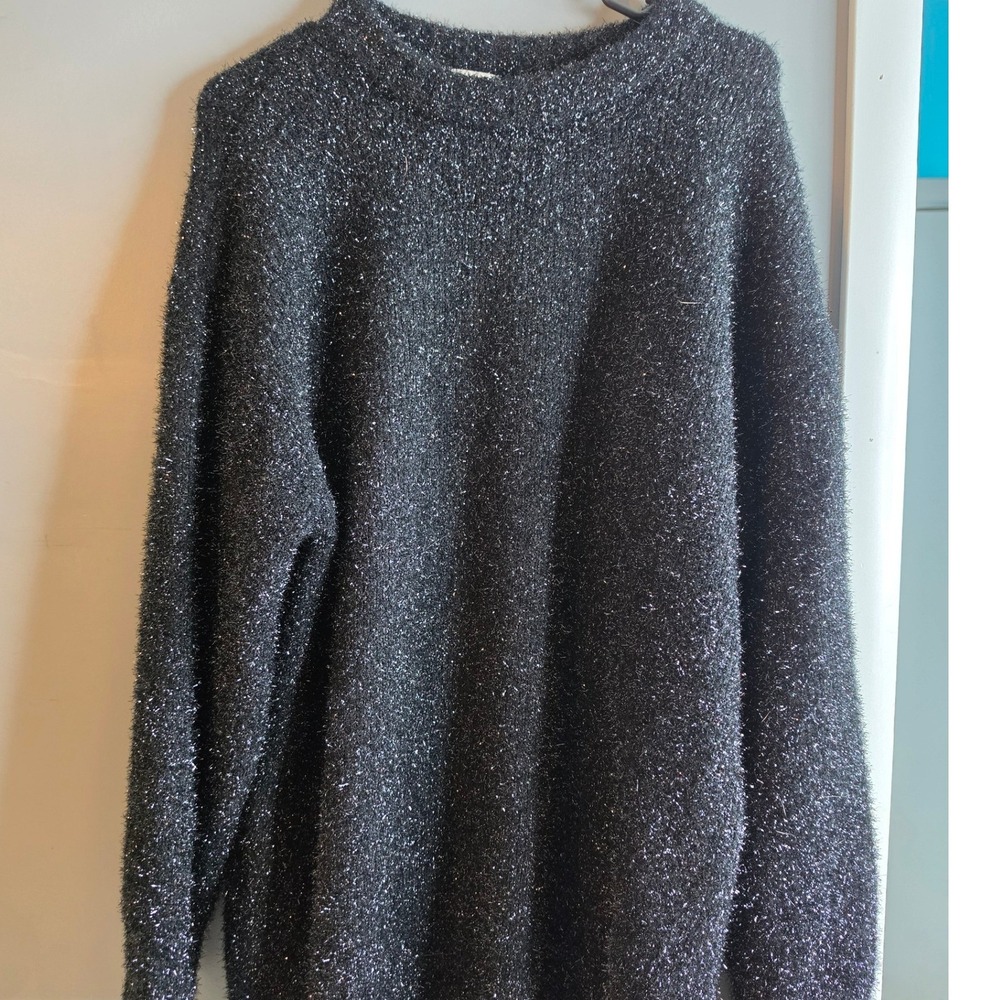 H&M Metallic Knit Sweater Black Silver Shimmer Fuzzy Eyelash Crewneck Large